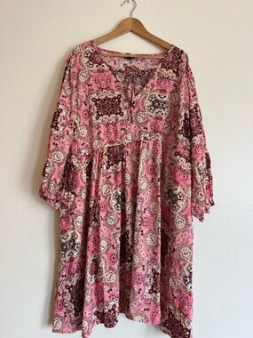 torrid Pink Paisley Long Sleeve Tiered Dress Boho Beachy